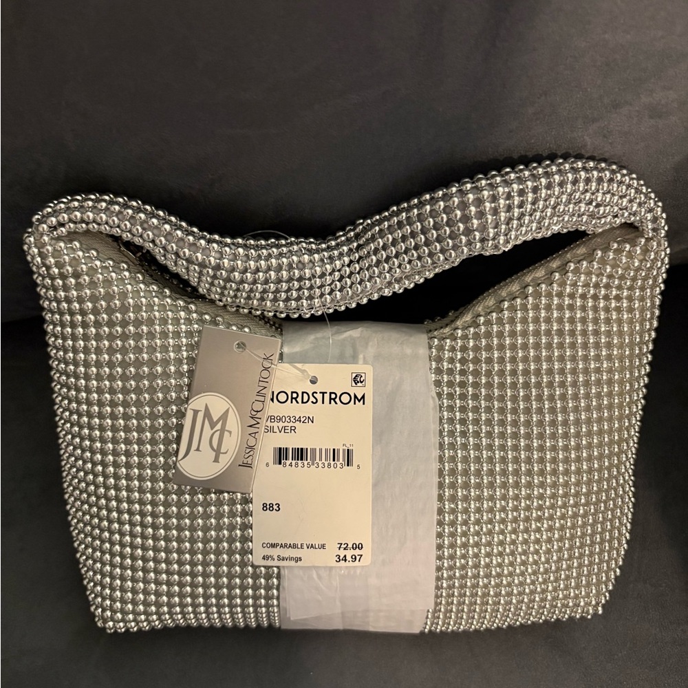 Jessica McClintock Silver Ada Crystal Hobo Bag NWT